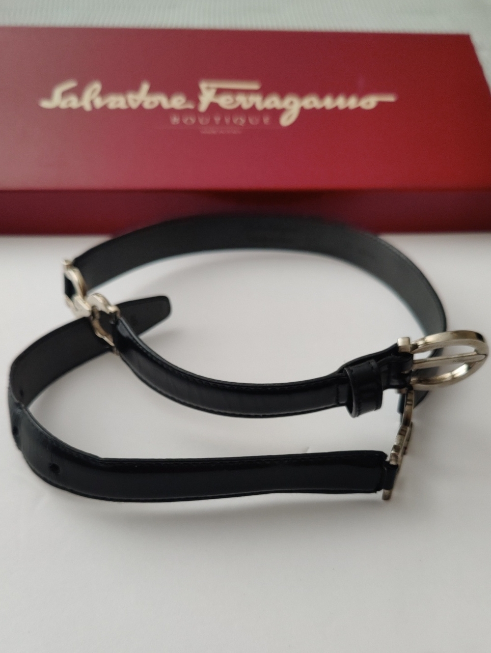 Salvatore Ferragamo Black Leather Slim Belt with Silver Double-Gancini Buckle